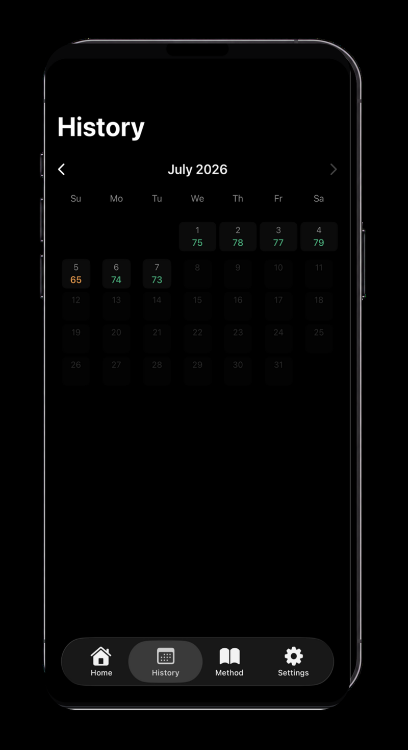 History calendar — daily sleep scores color-coded across the month