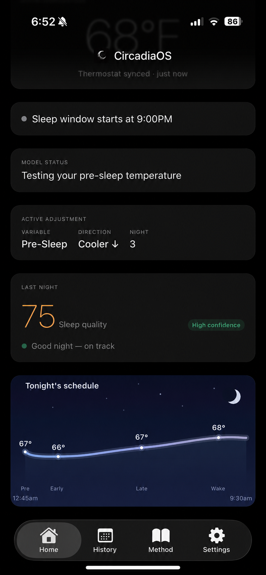 CircadiaOS home — 68°F room temperature, active adjustment, tonight's schedule