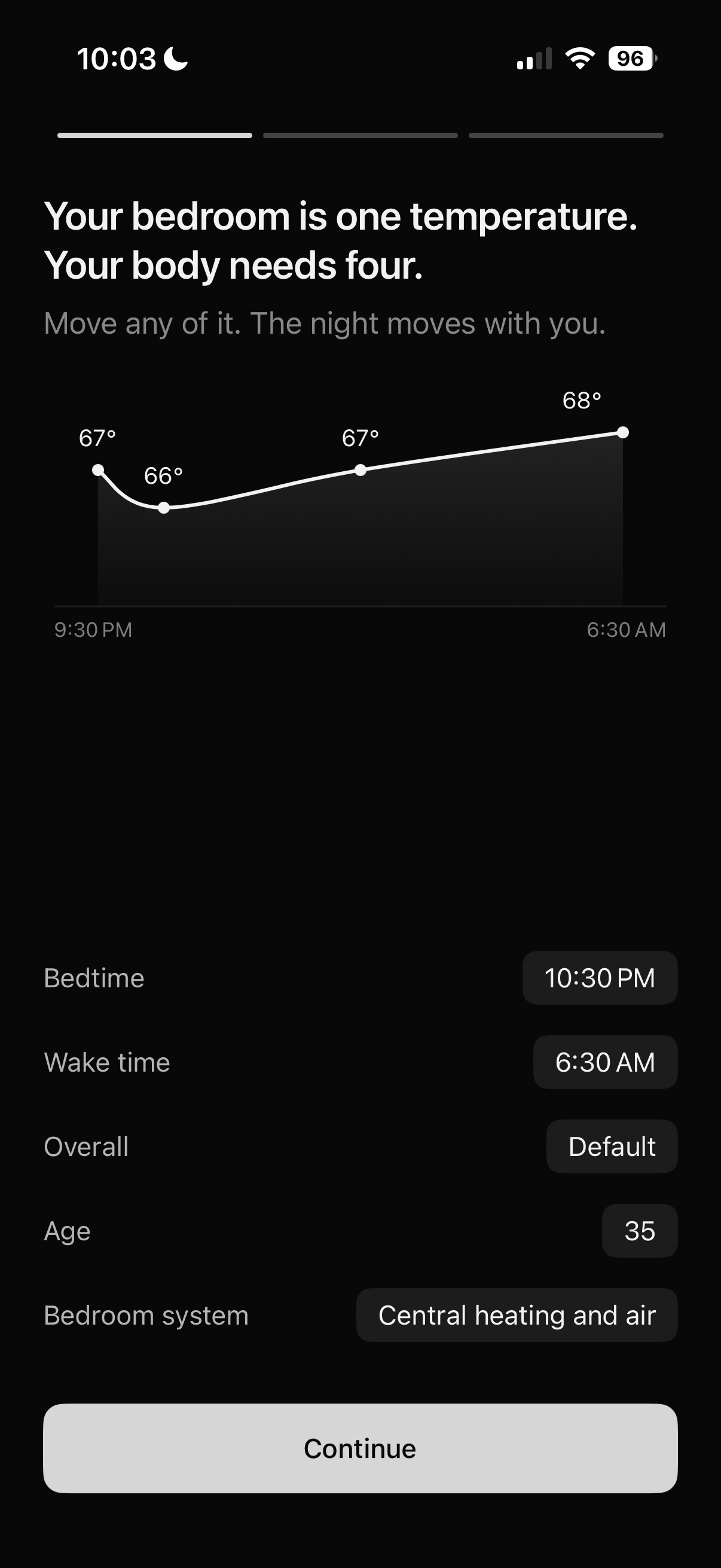 Build your night — temperature curve with bedtime, wake time, and bedroom settings