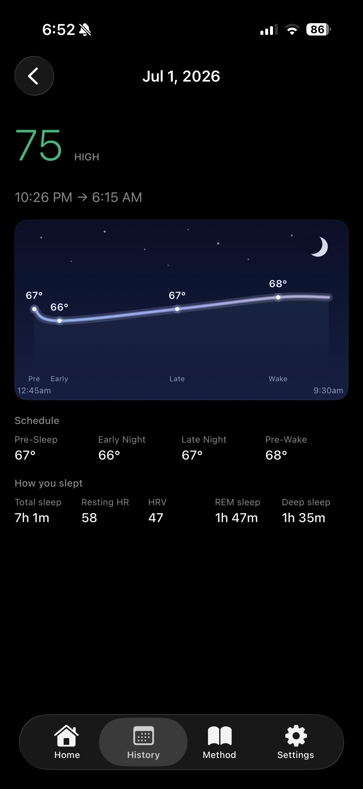 Sleep results — score 75, overnight temperature curve, schedule and sleep metrics