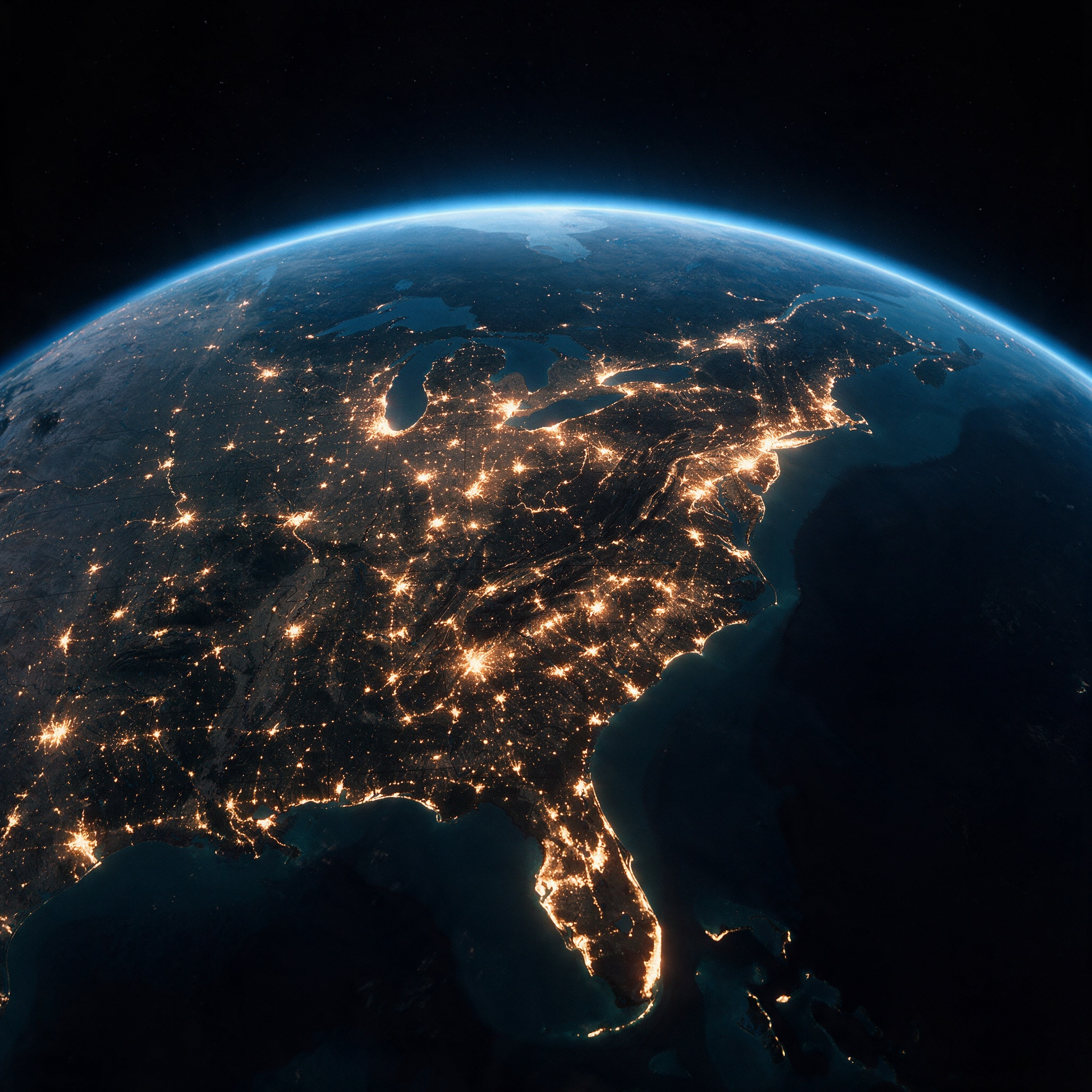 Earth from space at night, city lights glowing